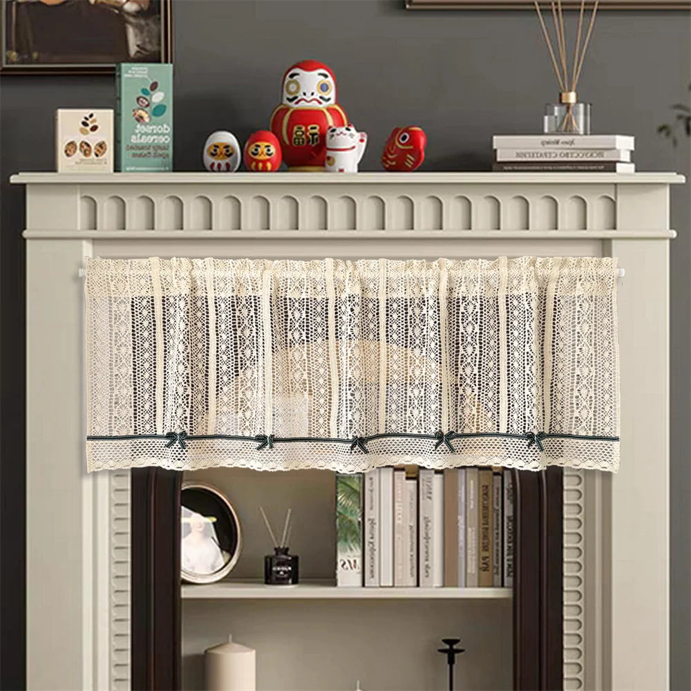 rideau vintage dentelle polyester opaque beige clair rubans noirs nœuds blancs cuisine salon petite
