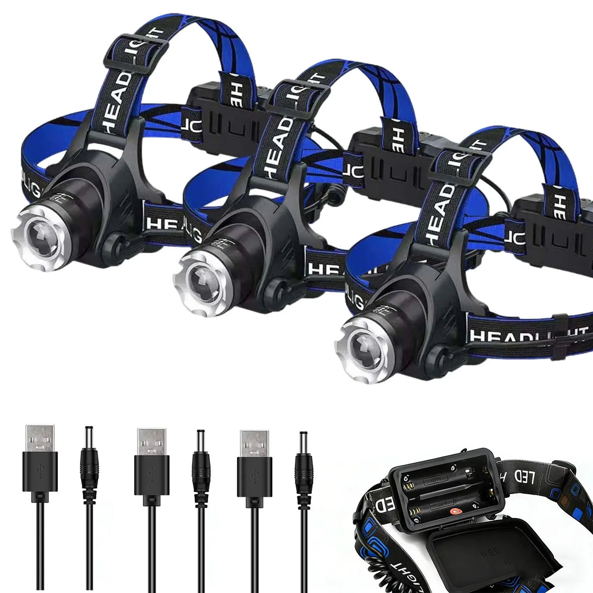 lampe frontale led rechargeable étanche haute luminosité zoomable noir bleu moderne