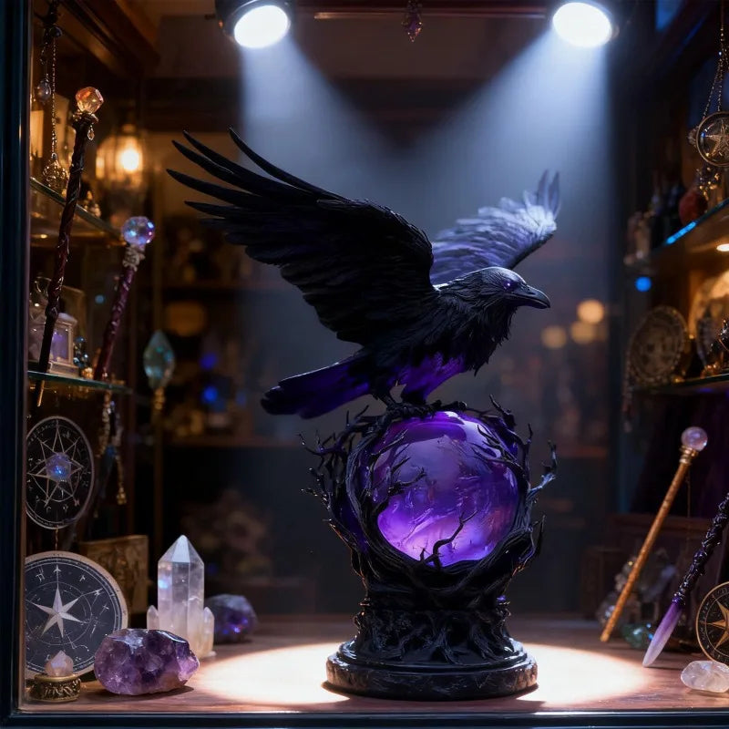 statue oiseau noir plumes gothique branches violet translucide artisanal