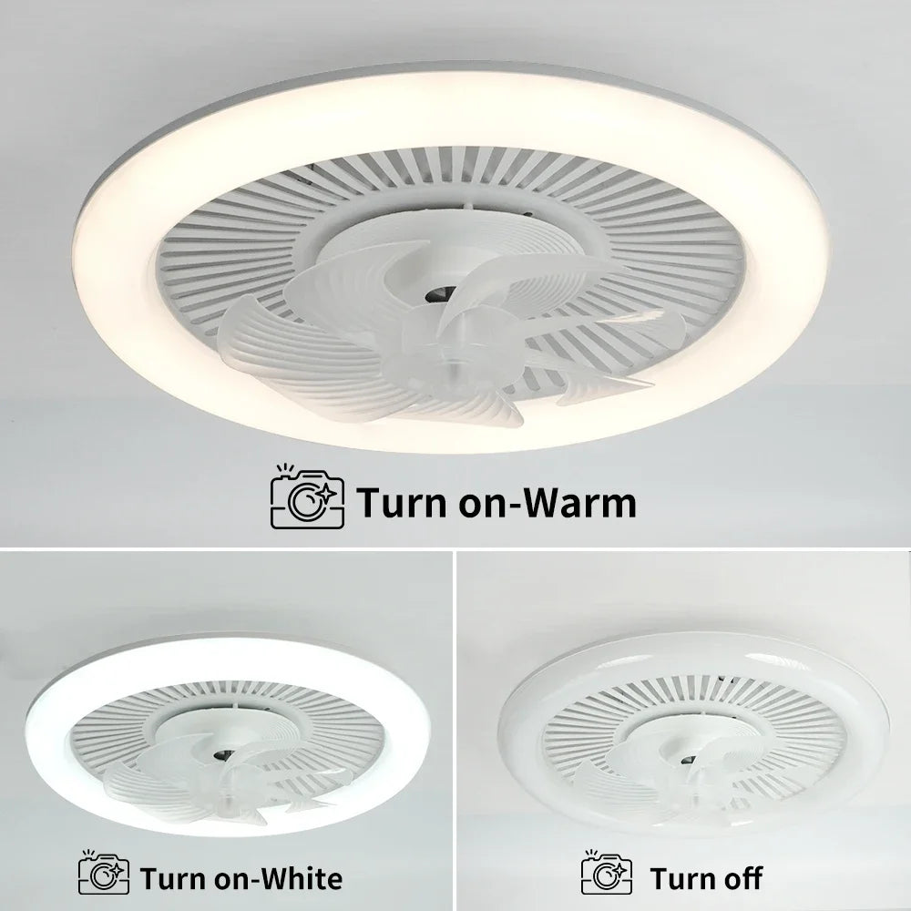 ventilateur moderne lumière led intégrée trois couleurs six vitesses réversible télécommande blanc