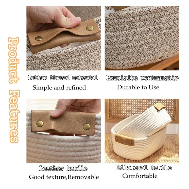 paniers rangement tissés main khaki clair blanc modernes rustiques poignées cuir eco friendly