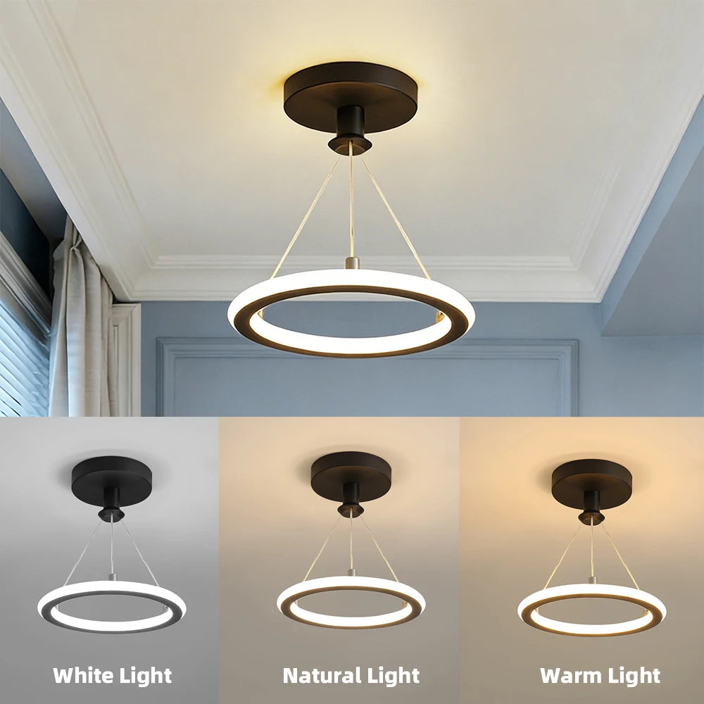 suspension lumineuse moderne anneau noir blanc led 15w variable cuisine salon chambre entrée