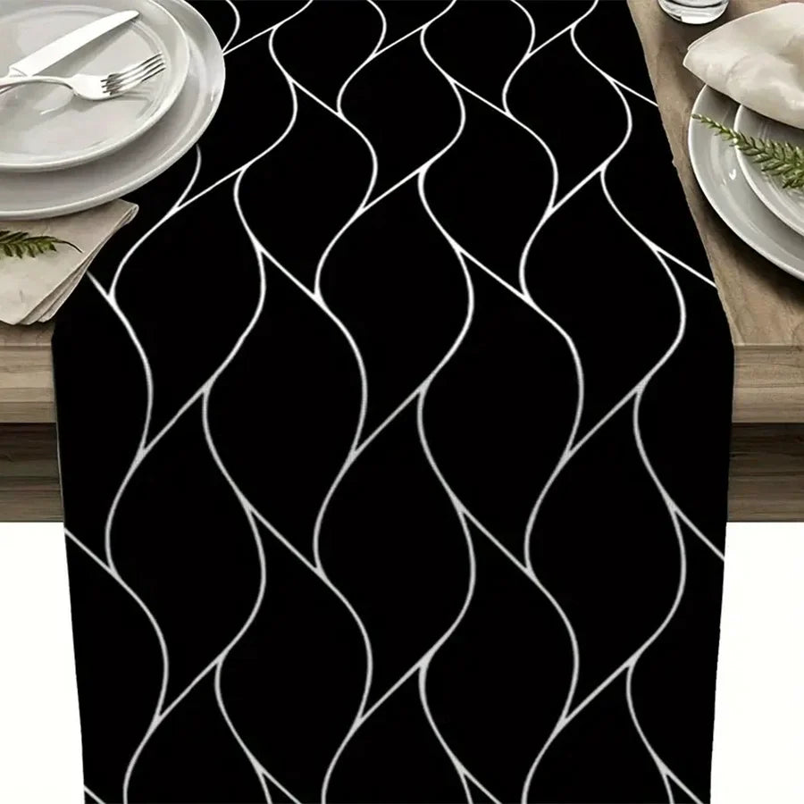 chinois moderne chemin table lin gris ondulé géométrique 33x183cm décoration festive