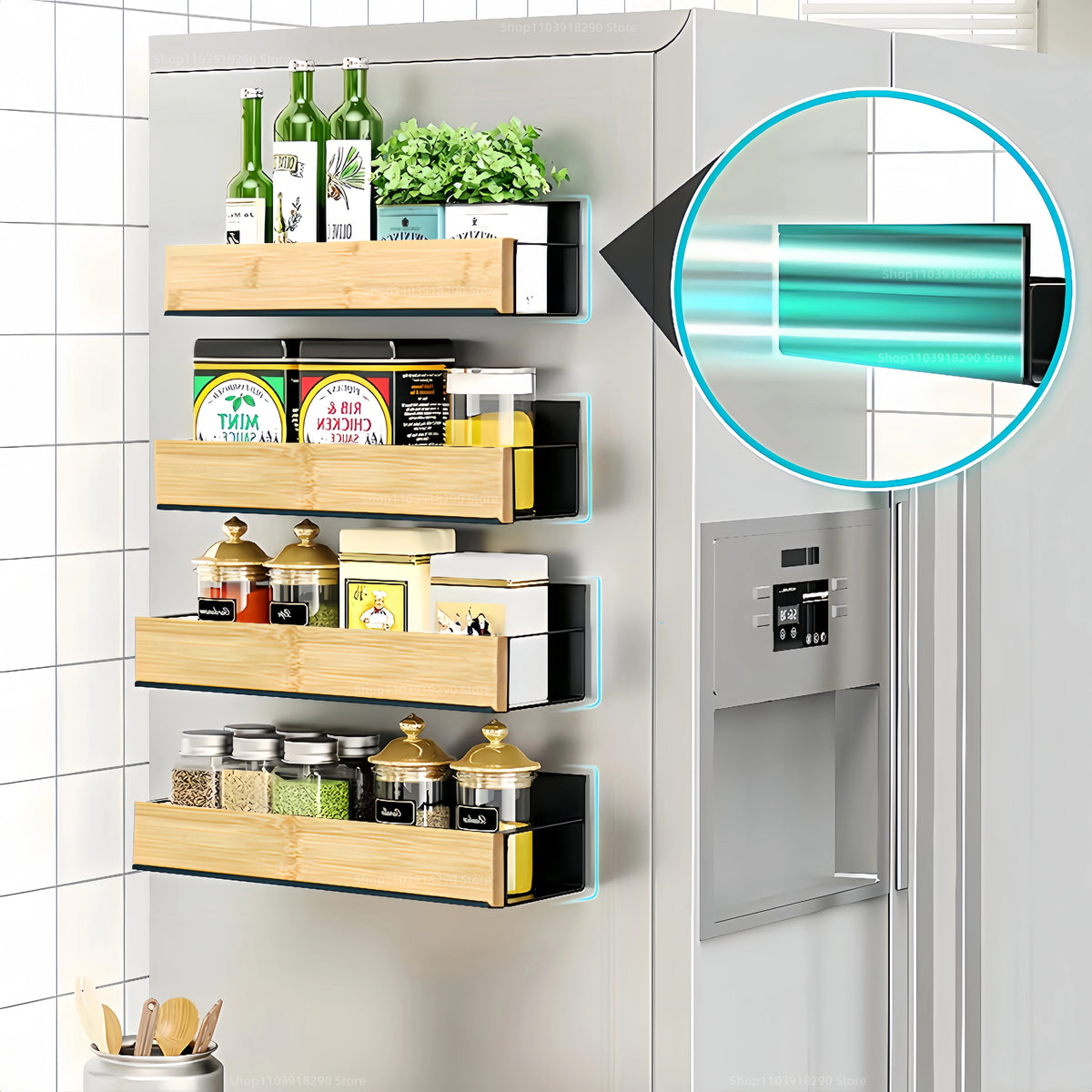 étagères réfrigérateur magnétiques rangement épices acier inoxydable moderne noires bouteilles pots cuisine