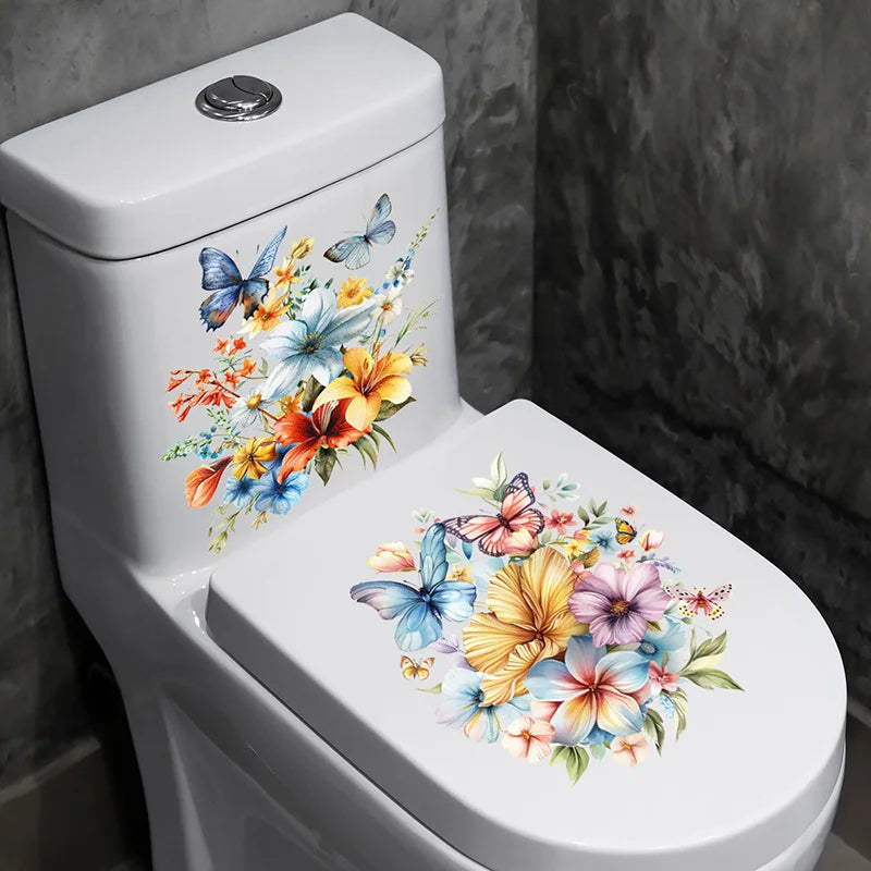 autocollants muraux fleurs colorées bouquet papillons salle bain blanc 30x30cm 2pièces adhésifs