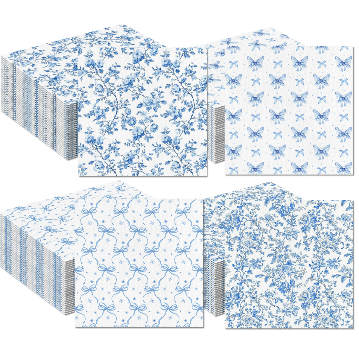 serviettes jetables fleurs papillons blanc bleu mariage anniversaire decoration event vintage classique pack 20
