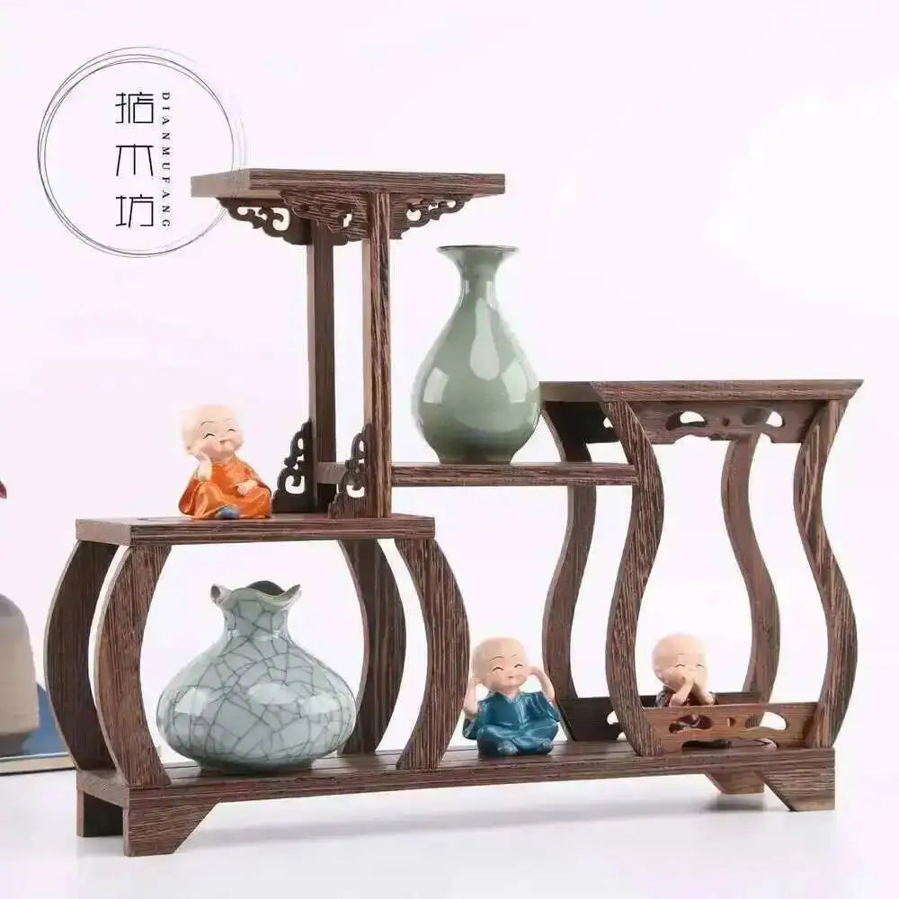 étagère bois naturelle classique statuettes céramique vase bol salon unique respectueux environnement