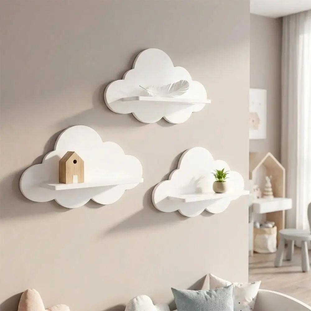 étagères murales nuage blanches modernes adhésives rangement bois pot fleurs cactus jouet