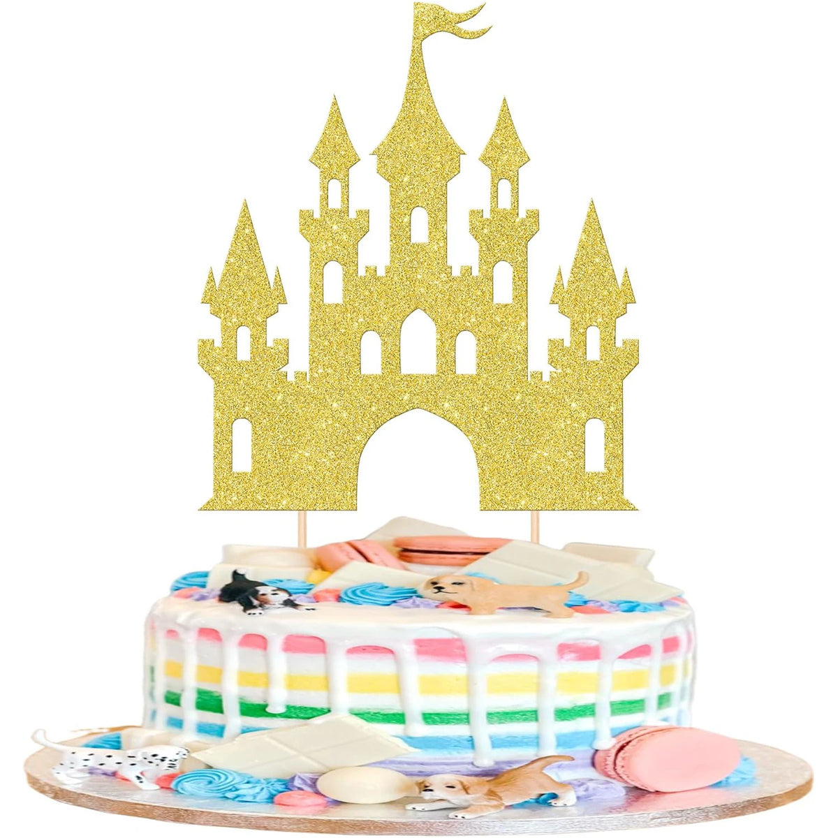 décoration gâteau château glitter princesse doré bleu rose anniversaire fête piquettes bambou
