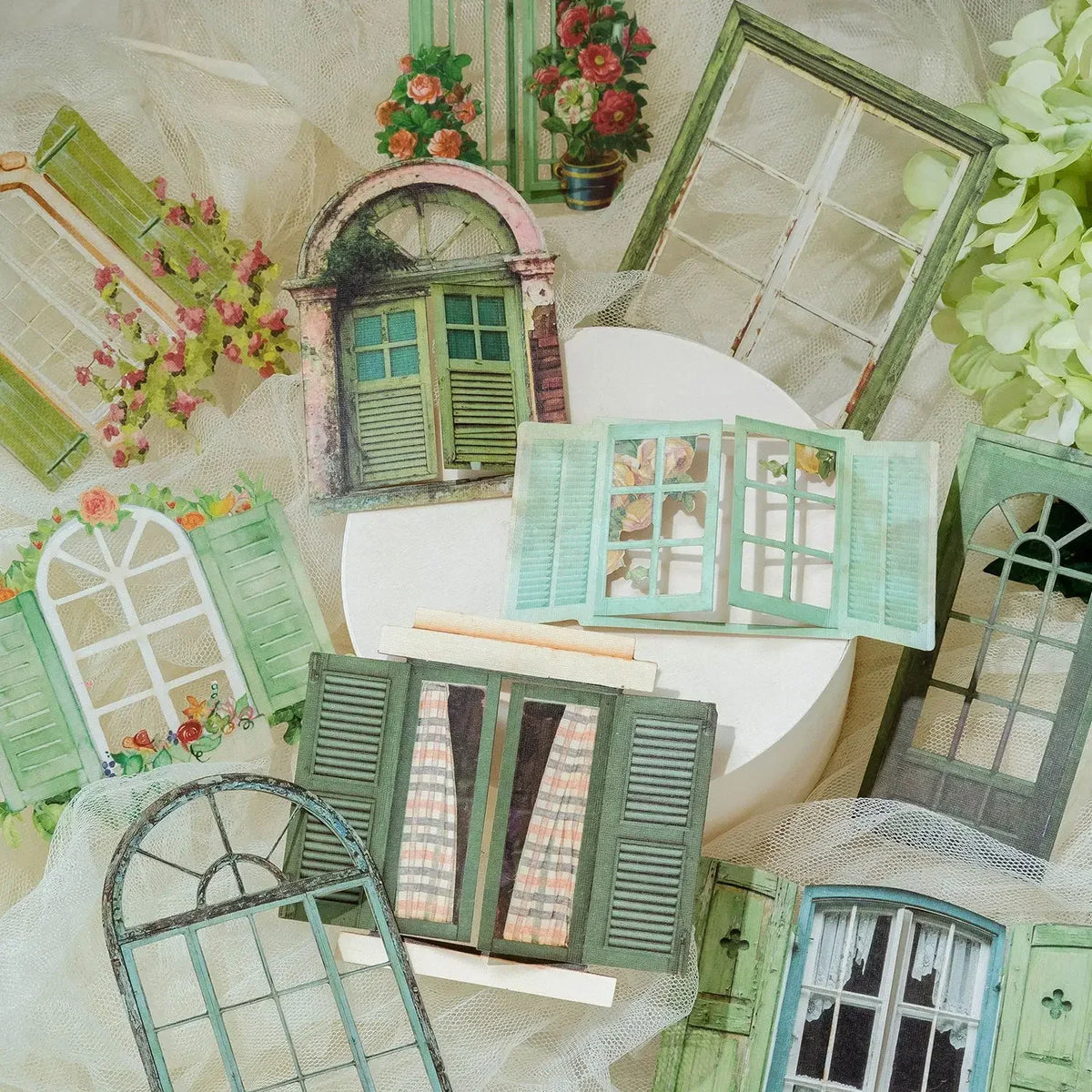 autocollants déco journal vintage romantique plaid fleurs dentelle motifs floraux vert blanc marron bleu