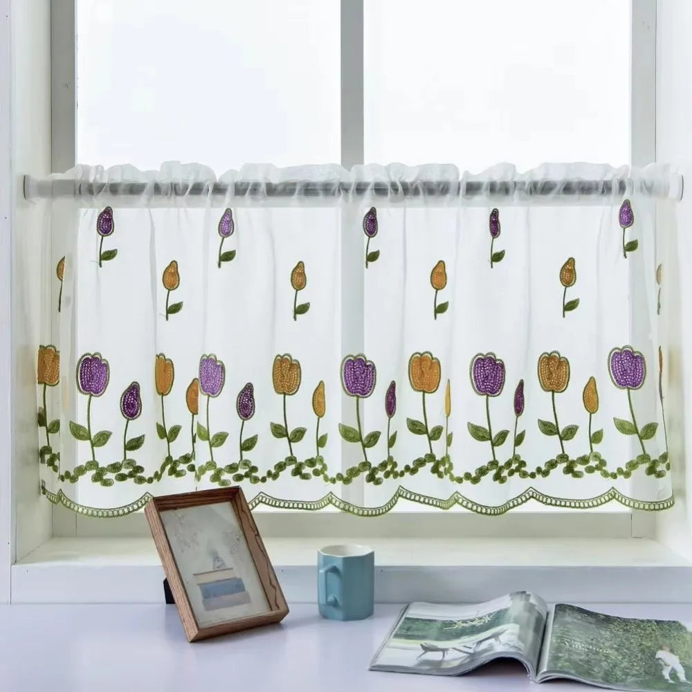 rideau fenêtre transparent fleurs motifs végétaux décoratif moderne tringle métallique inclusion brodé 100cmx50cm