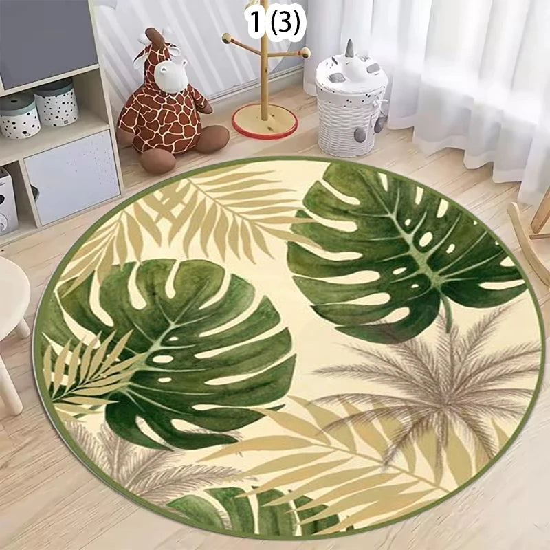 tapis rond moderne feuilles tropicales vert beige antidérapant polyester salon chambre decoratif