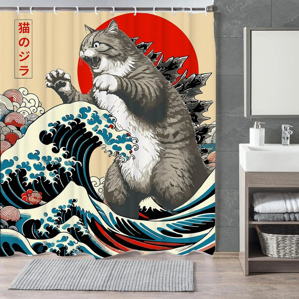 rideau douche chat motif vague coucher soleil art japonais pop anime polyester opaque moderne
