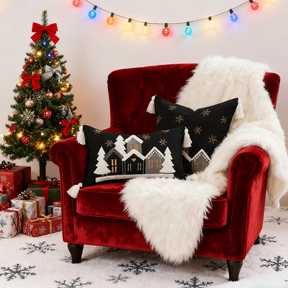 taies d'oreiller coton brodées maisons dorées beige hiver décoration canapé lit chambre decoration noel