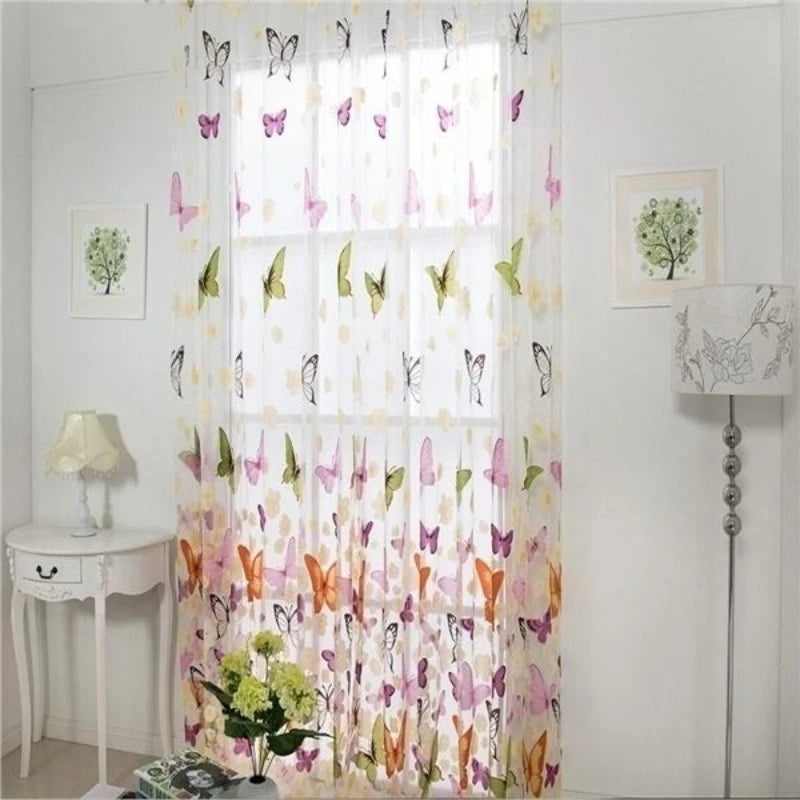 rideau fenêtre imprimé papillon transparent moderne floral métallique blanc jaune rose