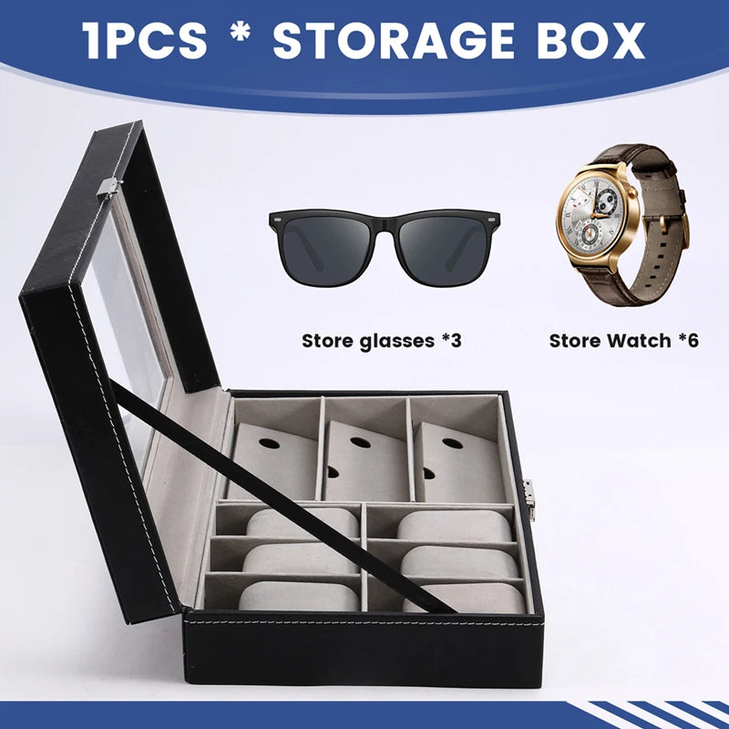 boîte rangement montres lunettes simili cuir noir moderne cadenas sophistiquée organisation sécurité elegance