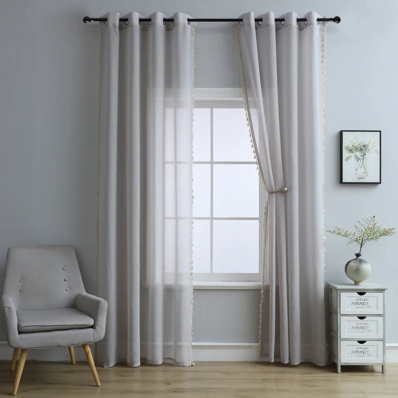 rideaux noir gris blanc bohème moderne pompons bord inférieur tringle translucides polyester chambre salon