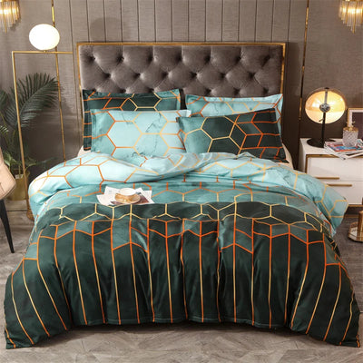Parure de lit verte géométrique 3 pièces sur un lit double