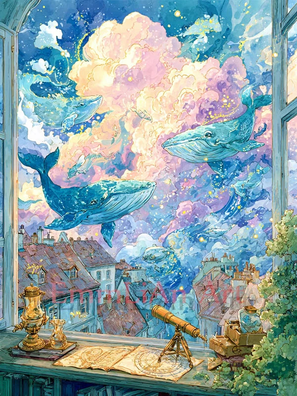 tableau colorier peinture l'huile diy floral toile pré imprimée art contemporain paysage baleine rêveuse