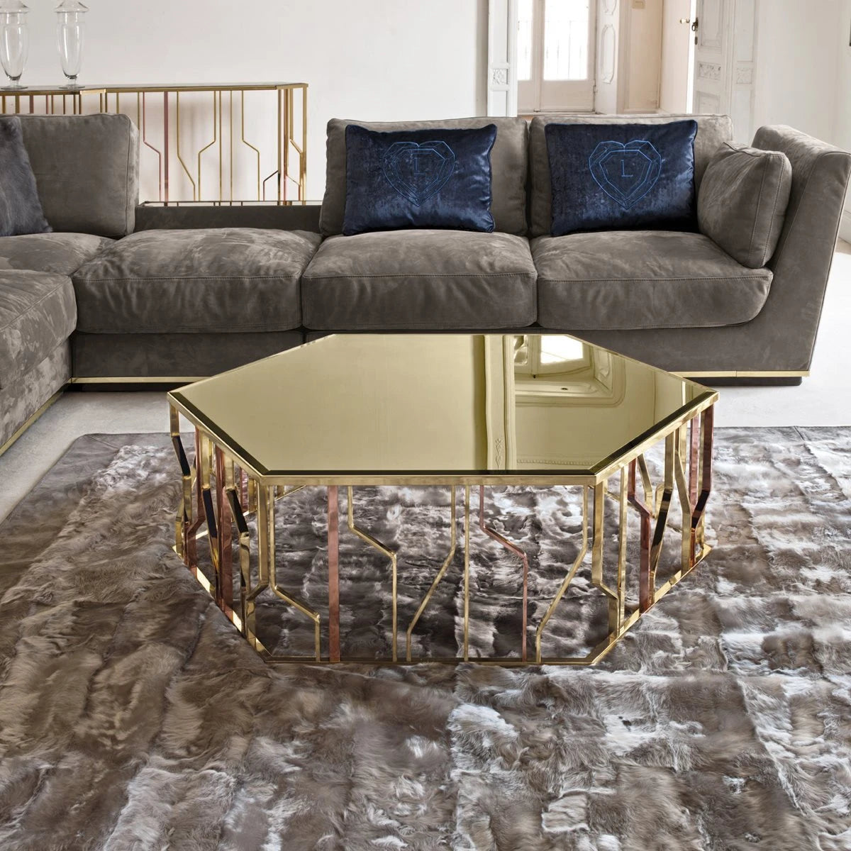 table basse moderne élégante marbre gris métal doré alliage aluminium