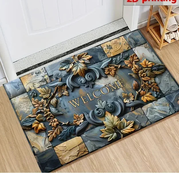 tapis d'entrée moderne marron beige texture pierre lettrage welcome résistant rides