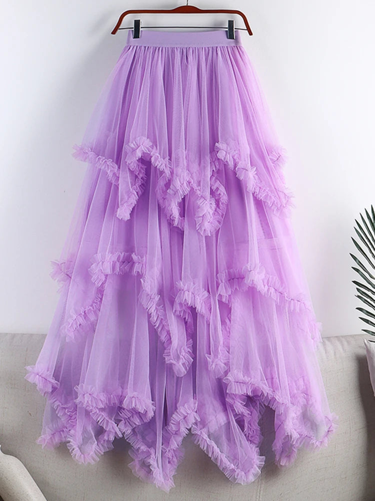 jupe tulle violet rouge élégante asymétrique franges translucide femme erotique summer