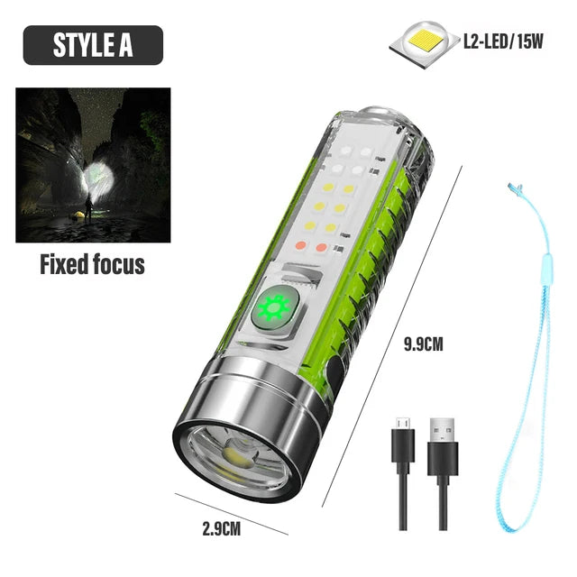lampe torche rechargeable led 30w lumiere intense argentee vert aimants puissants mode regulation zoom