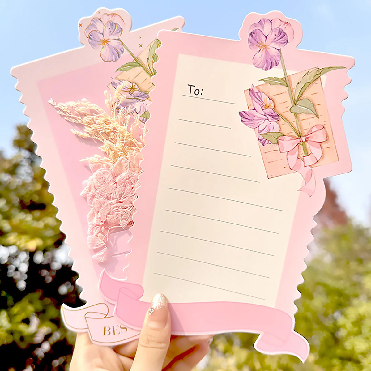 cartes anniversaire mariage fleurs séchées rubans guirlandes bleu rose violet beige