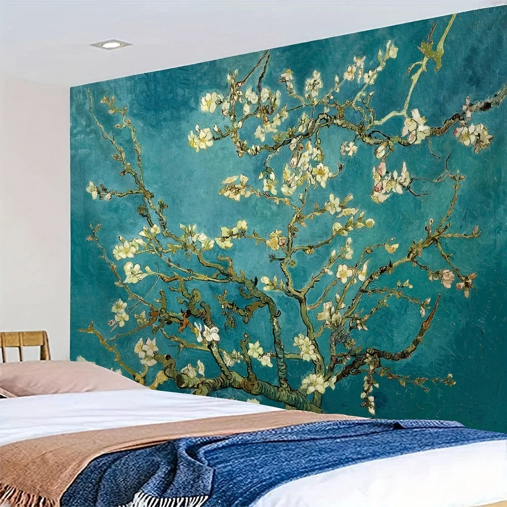 tapisserie impressionniste fleurs blanches fond bleu salon chambre décoration murale polyester lavable machine