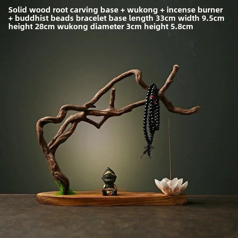 statue bouddha fleur lotus prière support bois artisanal naturel vert noir blanc brun