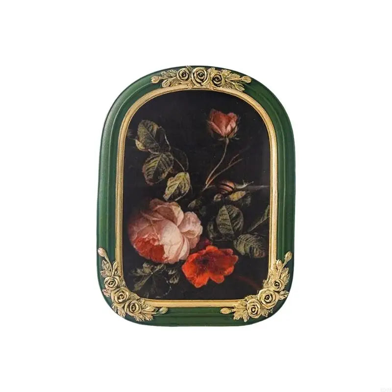 Cadre décoratif résine fleurs roses classique vert foncé doré table mur 21cm 24cm