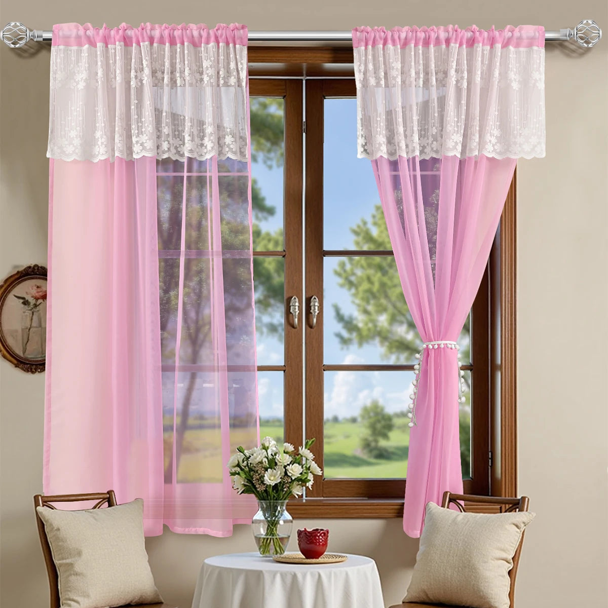 rideaux semi transparents polyester rose blanc dentelle florale romantique shabby chic 100cm 125cm
