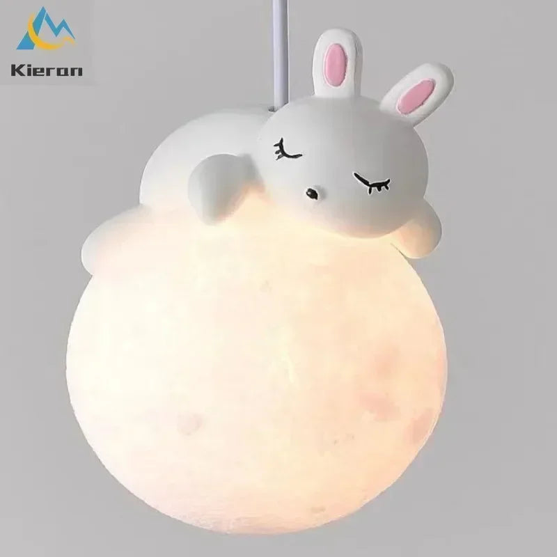 lampe suspendue moderne ours lapin sphère lunaire décoration chambre salon blanc rose