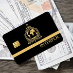 stylo bille bleu interpol logo globe épée carte bancaire