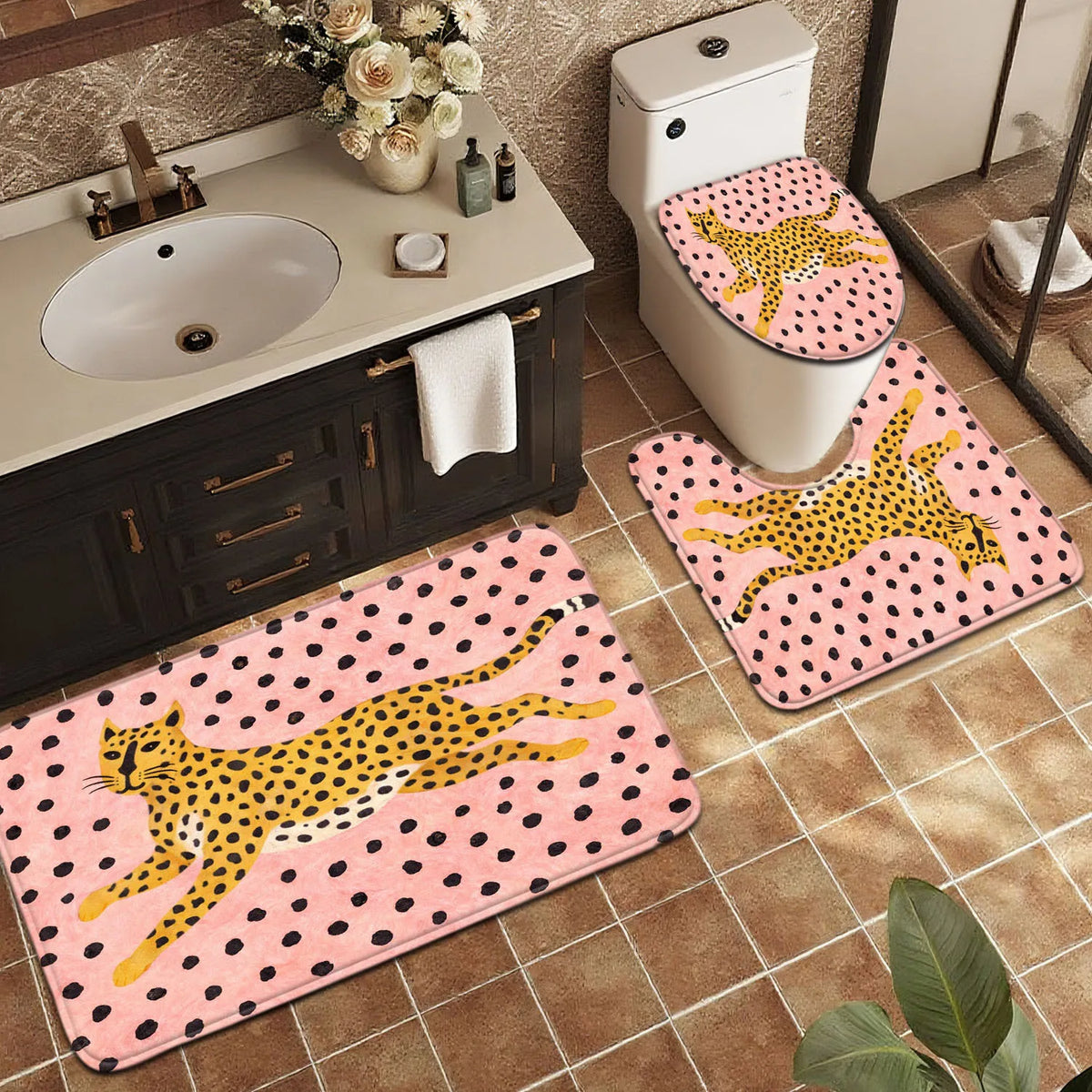 tapis bain rose léopard anti dérapant moderne graphique salle bain fille enfant decoration interieur