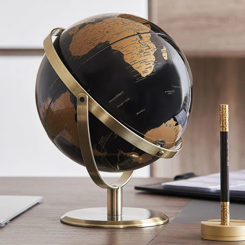 globe terrestre métal noir détaillé cartographie ornements éducation décoration classique fixations métal