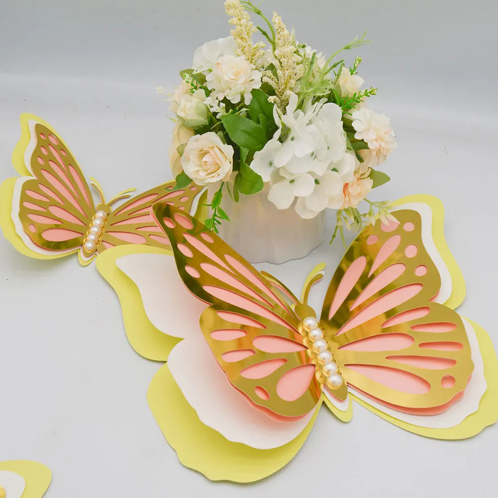 autocollant mur papillon 3d relief artisanal rose blanc doré maison festival mariage