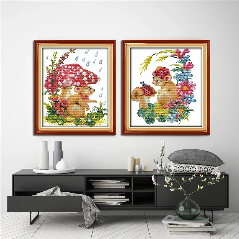 Kit broderie multicolore fleurs animaux toile coton aiguilles fils instructions moderne decoration