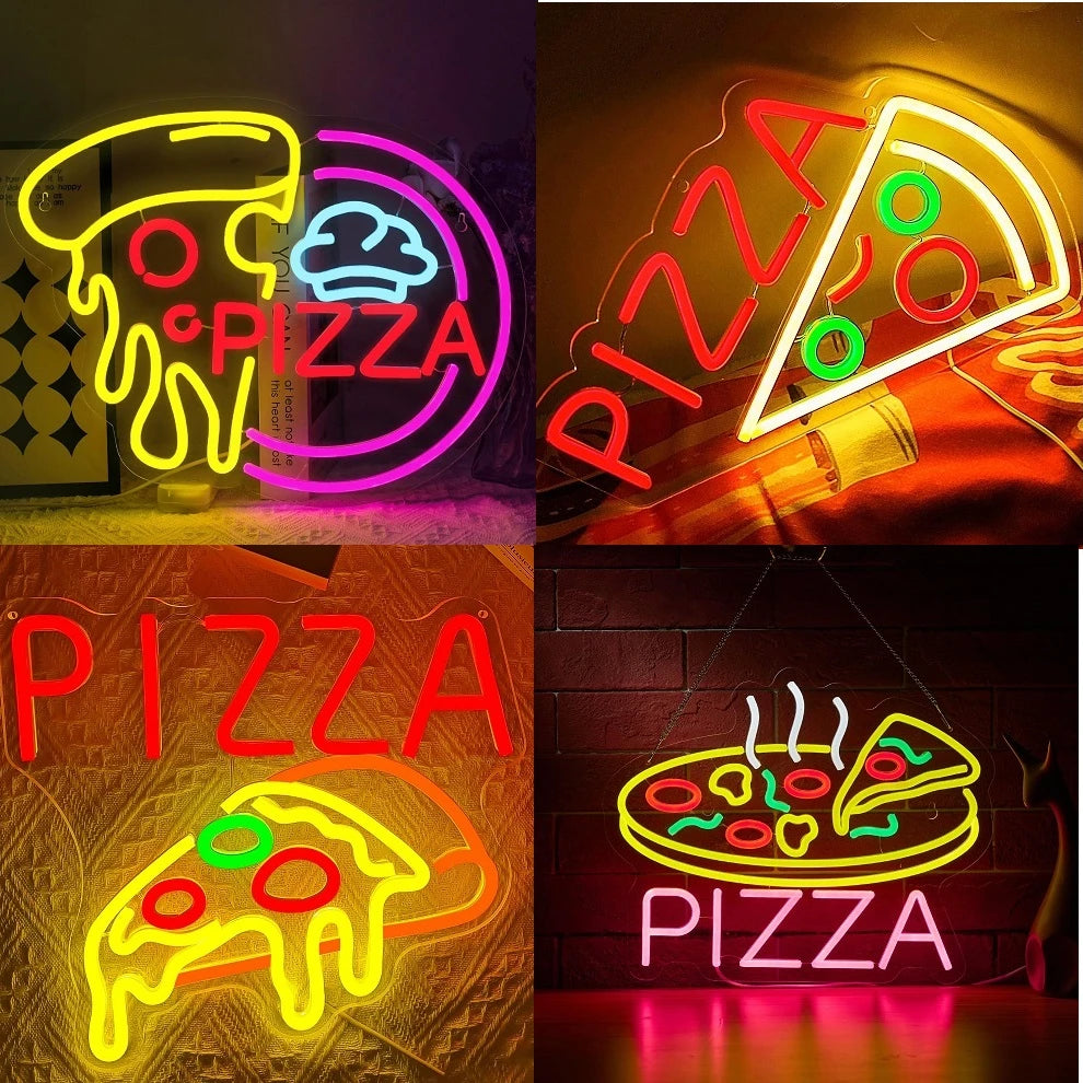 enseigne lumineuse pizza pizzaria lettres néon couleurs rouge jaune verte bleu blanc fromage fondu