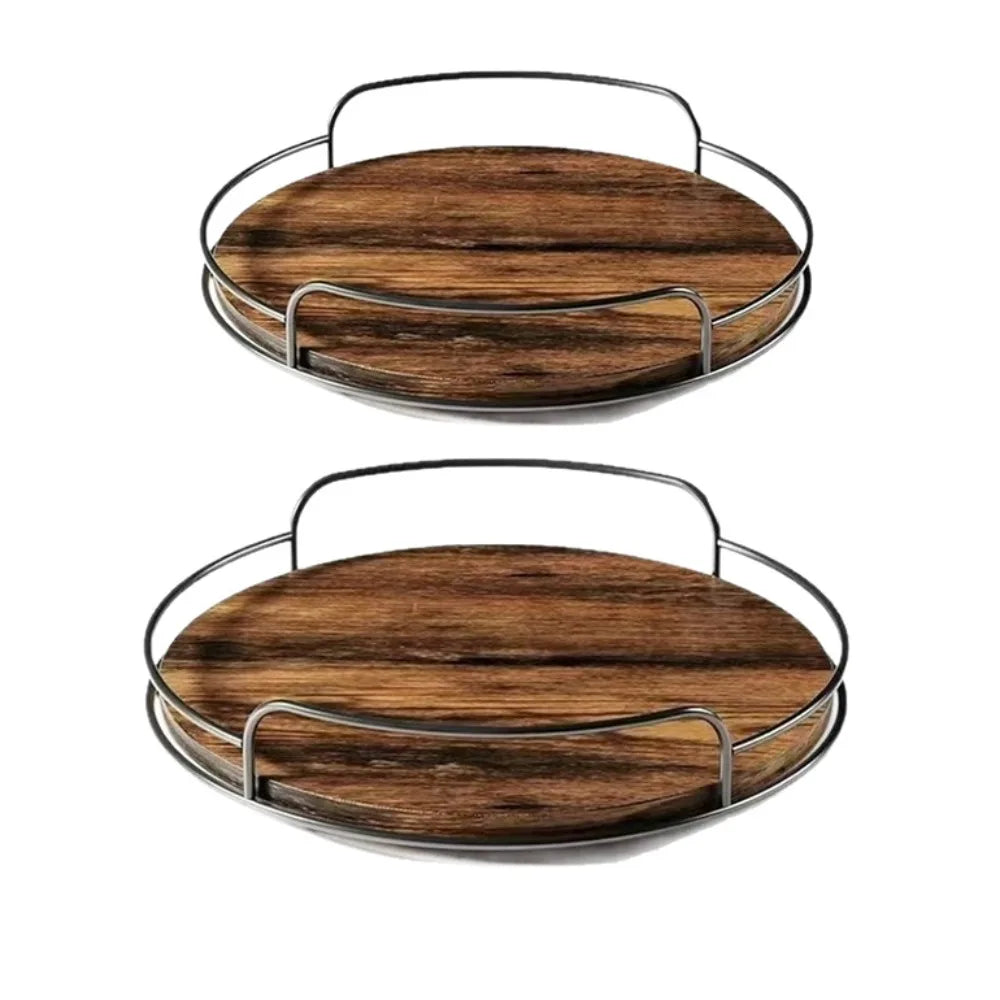plateau rotatif bois marron foncé deux niveaux barrière métallique moderne épices cuisine haute capacité