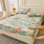 drap housse floral imprimé fleurs colorées moderne elastique oreillers assortis adultes chambre verte blanche