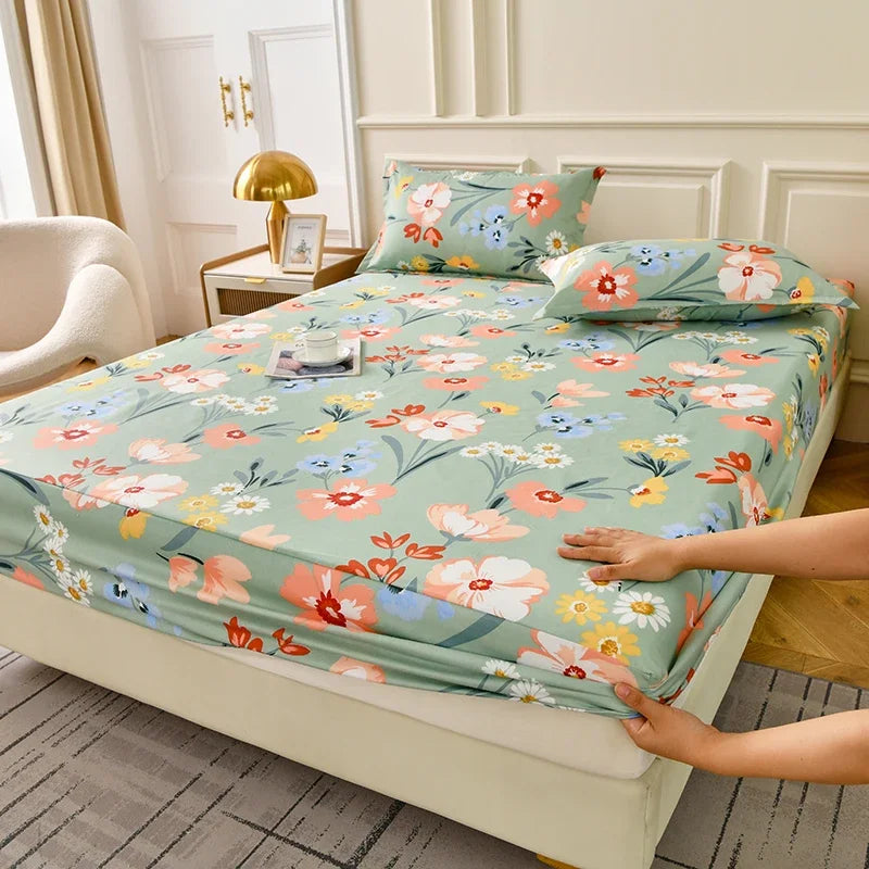 drap housse floral imprimé fleurs colorées moderne elastique oreillers assortis adultes chambre verte blanche