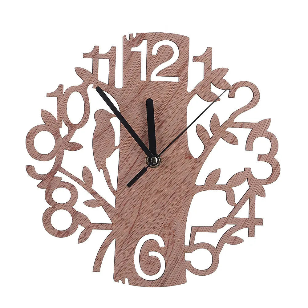 horloge murale bois arbre oiseaux chiffres naturel rustique artistique quartz aiguille