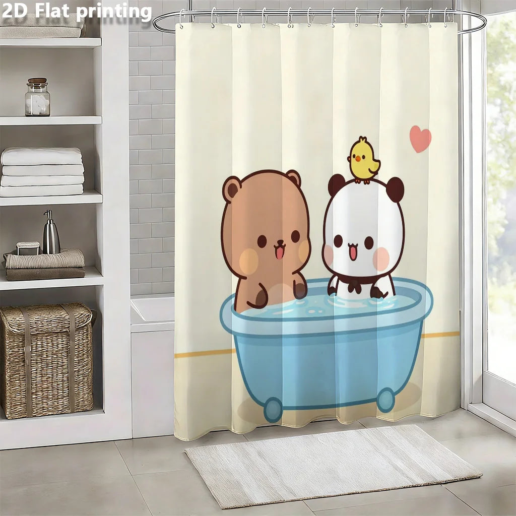 rideau douche imperméable ours dessin animé baignoire illustration 2d anneaux métalliques beige marron blanc