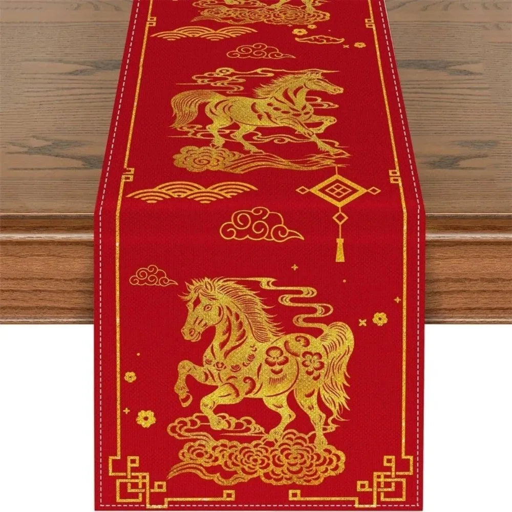 table cuisine rouge dorée motif chinois chevaux fleurs nouvelle année festive