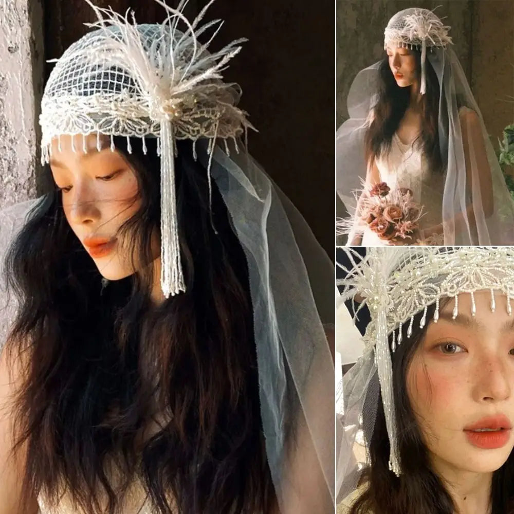 voile mariée headband dentelle plumes blanc beige vintage romantique erotique erotique erotique erotique erotique
