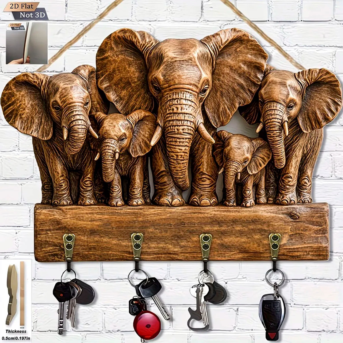 porte clés mural éléphants bois artisanal marron clair décoration intérieure rustique