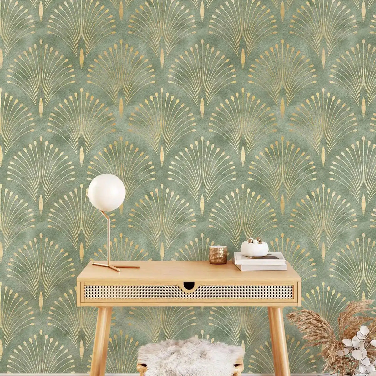 papier peint art déco feuilles dorées vert auto adhésif moderne salon chambre enfants imperméable