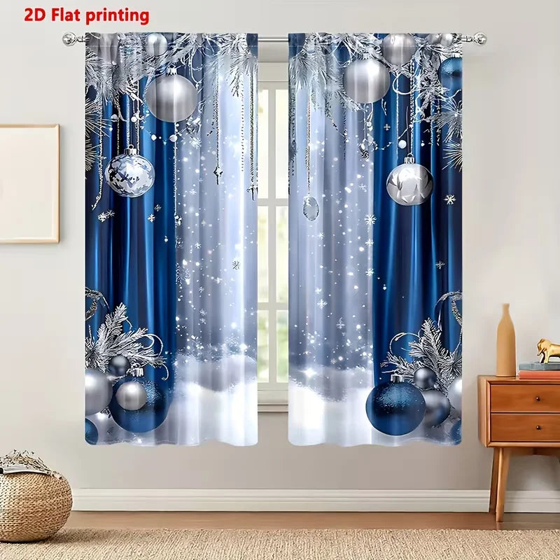rideaux noel bleu blanc flocons boules sapins transparents hiver salon decoration