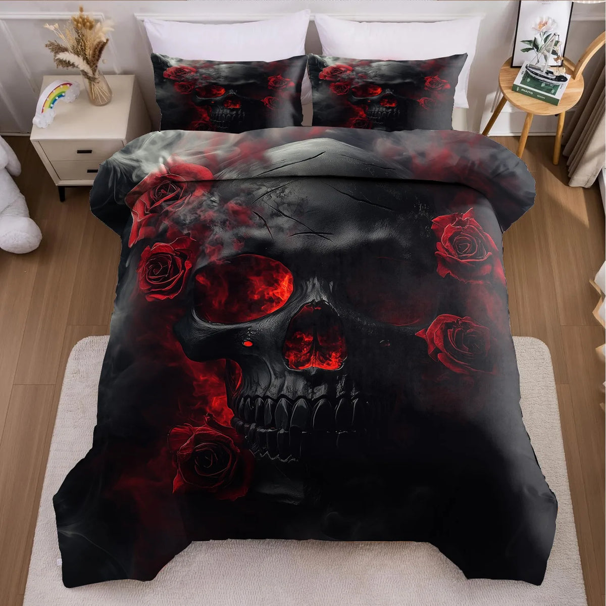 ensemble literie gothique motif squelette noir rouge oreillers housse couette imprimée
